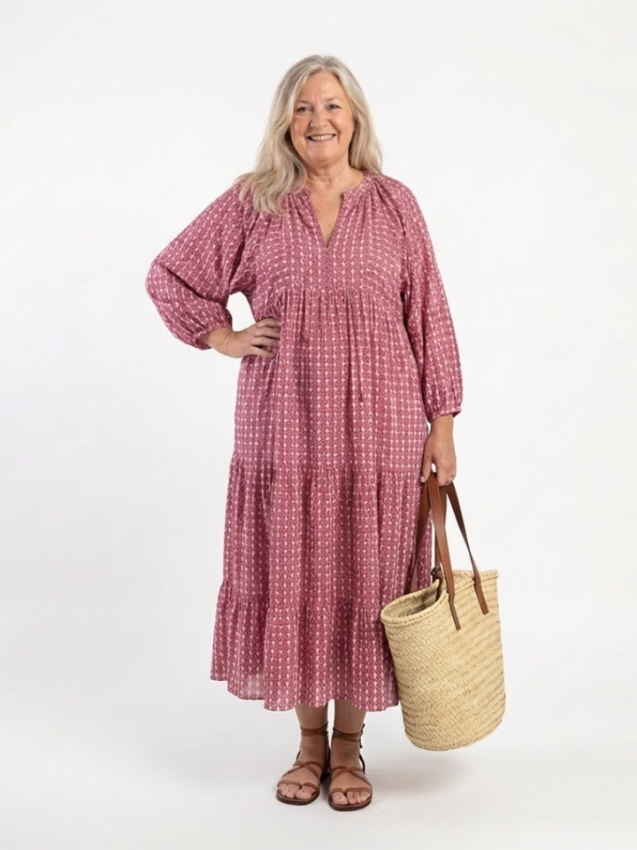 Arlette | Abito Midi con Stampa Geometrica e Maniche Lunghe