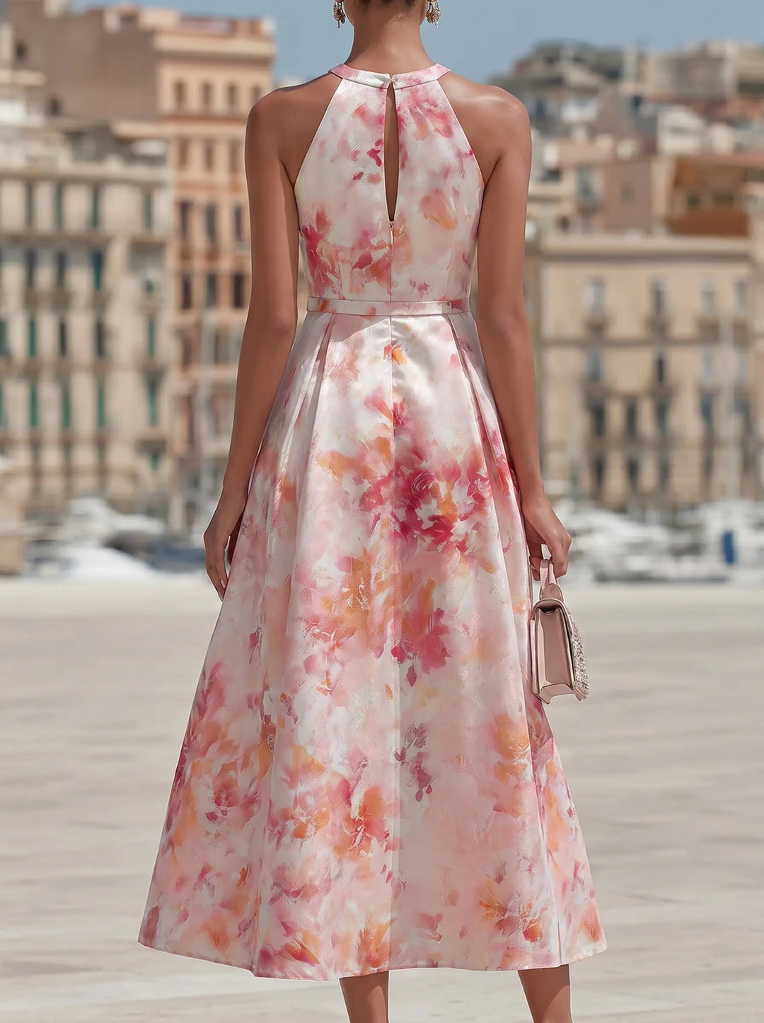 Violetta - Abito Midi con Collo Halter e Stampa Floreale ad Acquerello