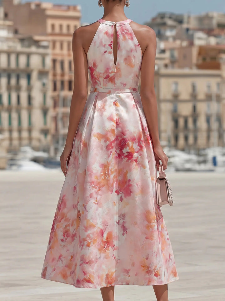 Violetta - Abito Midi con Collo Halter e Stampa Floreale ad Acquerello