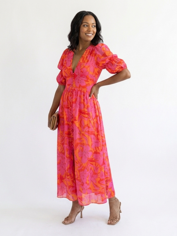 Willow | Abito Midi Floreale con Scollo a V e Maniche a Sbuffo