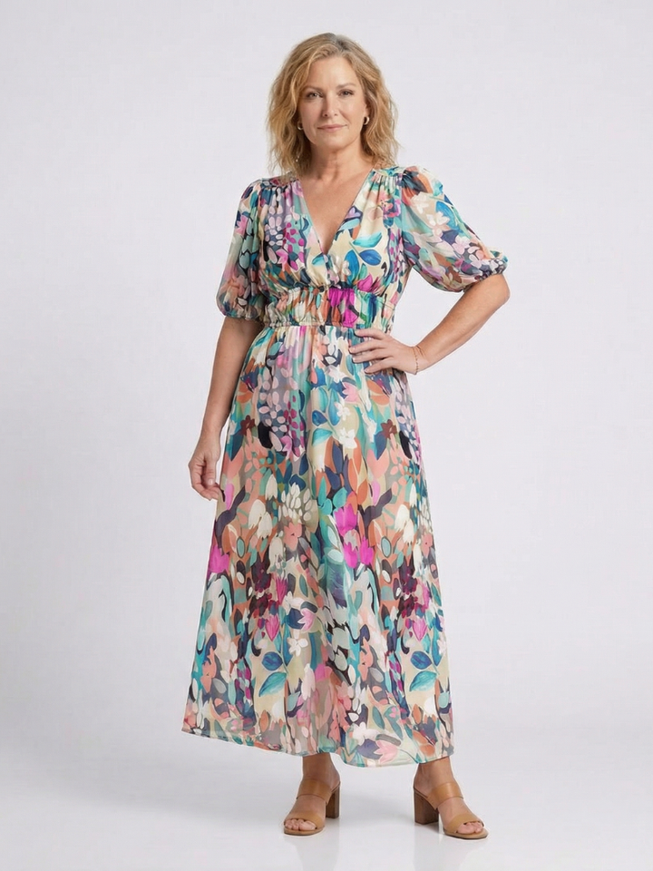Eulalie | Abito Midi con Scollo a V, Maniche Corte e Vita Arricciata
