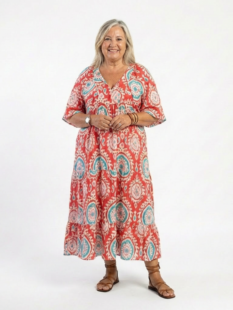 Zaria | Abito Midi con Stampa Paisley, Scollo a V e Maniche Corte