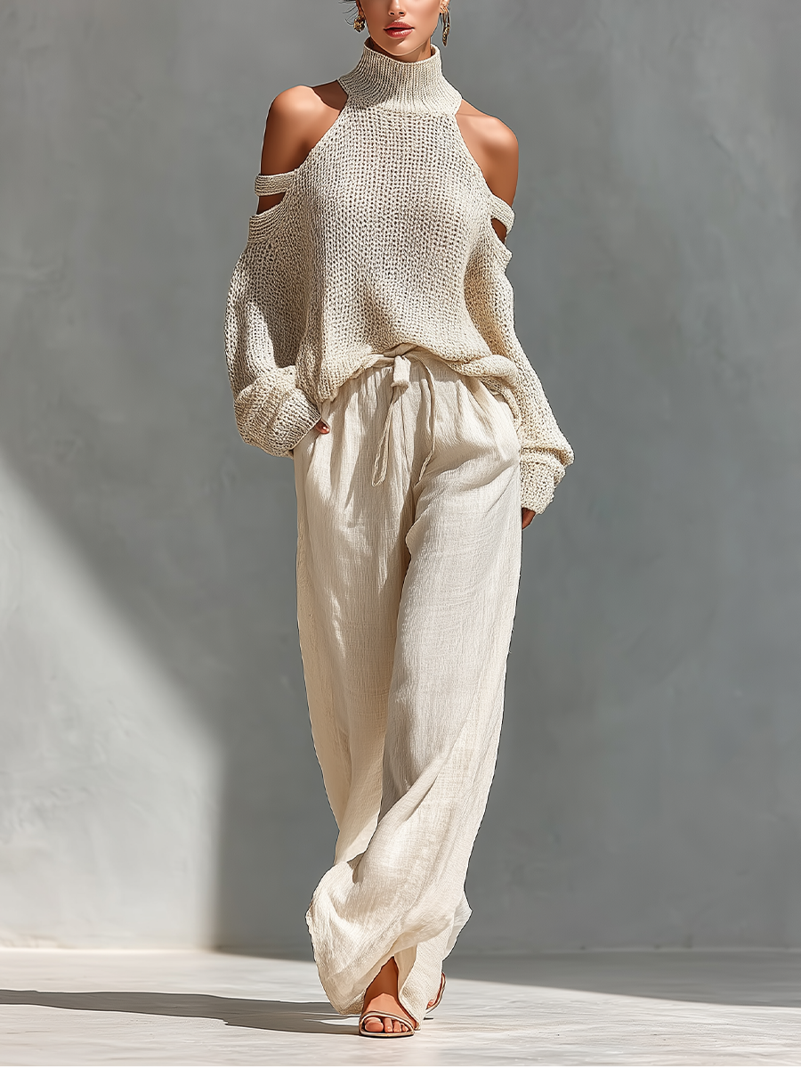 Thalia - Completo Beige in Maglia con Top a Collo Alto e Spalle Scoperte e Pantaloni a Gamba Larga