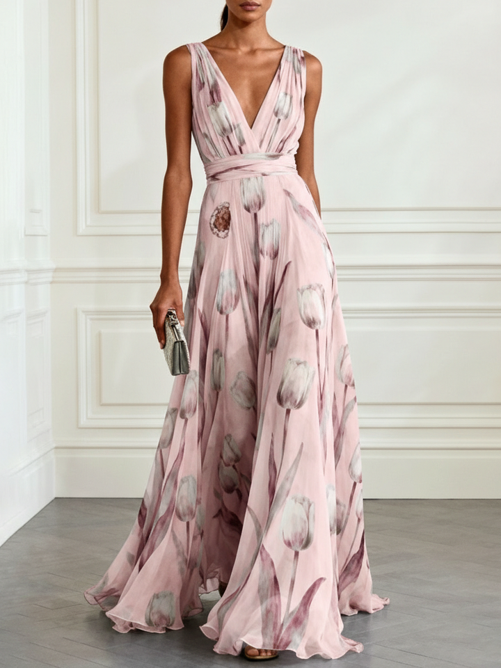 Nerea - Abito Lungo Elegante a Stampa Tulipano con Scollo a V