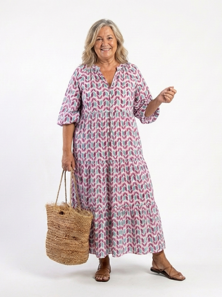 Mireya | Abito Midi a Balze con Stampa Geometrica e Maniche Lunghe