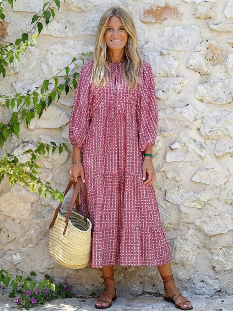 Arlette | Abito Midi con Stampa Geometrica e Maniche Lunghe