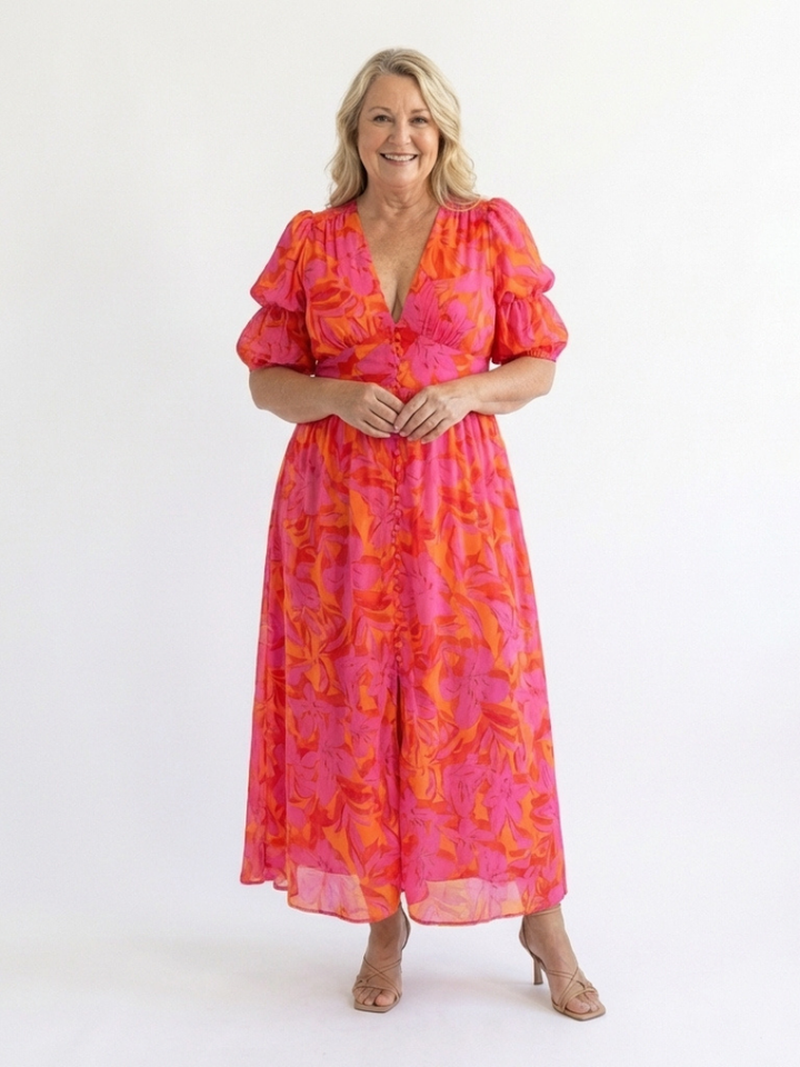 Willow | Abito Midi Floreale con Scollo a V e Maniche a Sbuffo