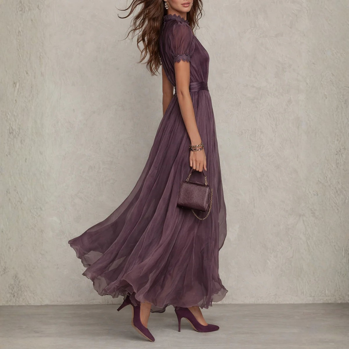 Vivienne | Abito Lungo in Chiffon con Bordo in Pizzo
