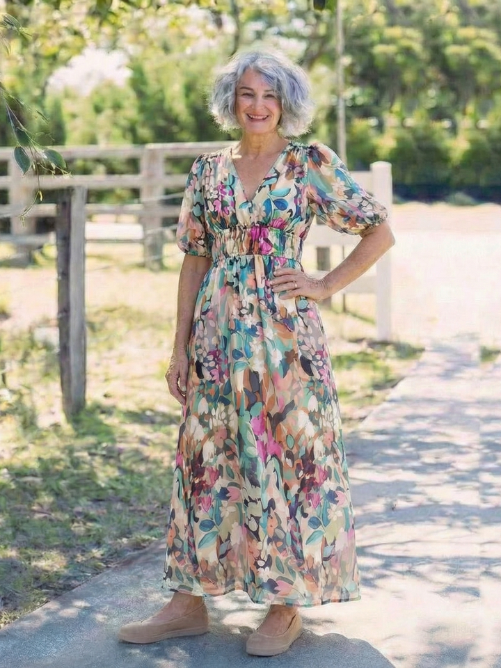 Eulalie | Abito Midi con Scollo a V, Maniche Corte e Vita Arricciata