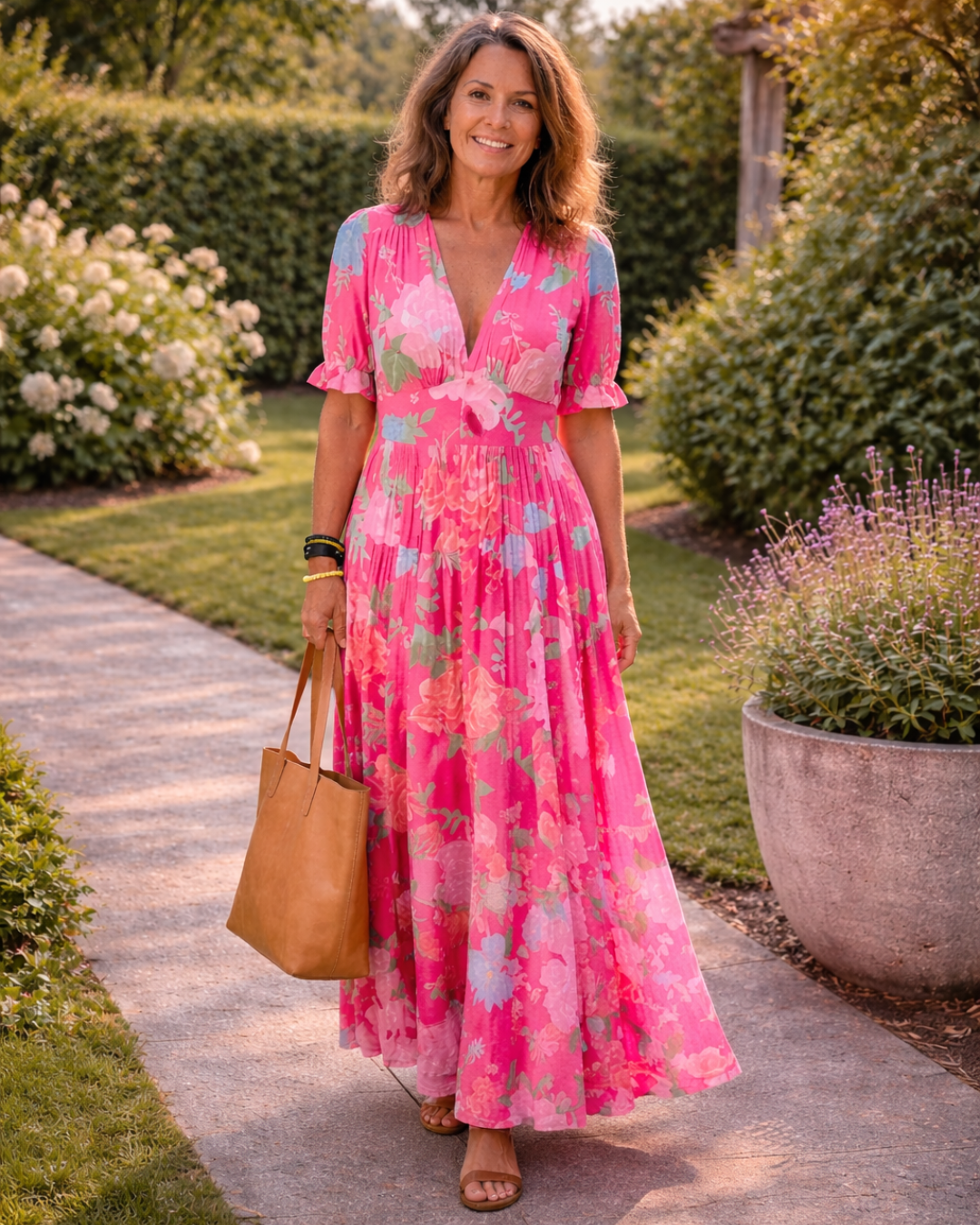 Ione | Abito Midi Floreale a Maniche Corte con Scollo a V