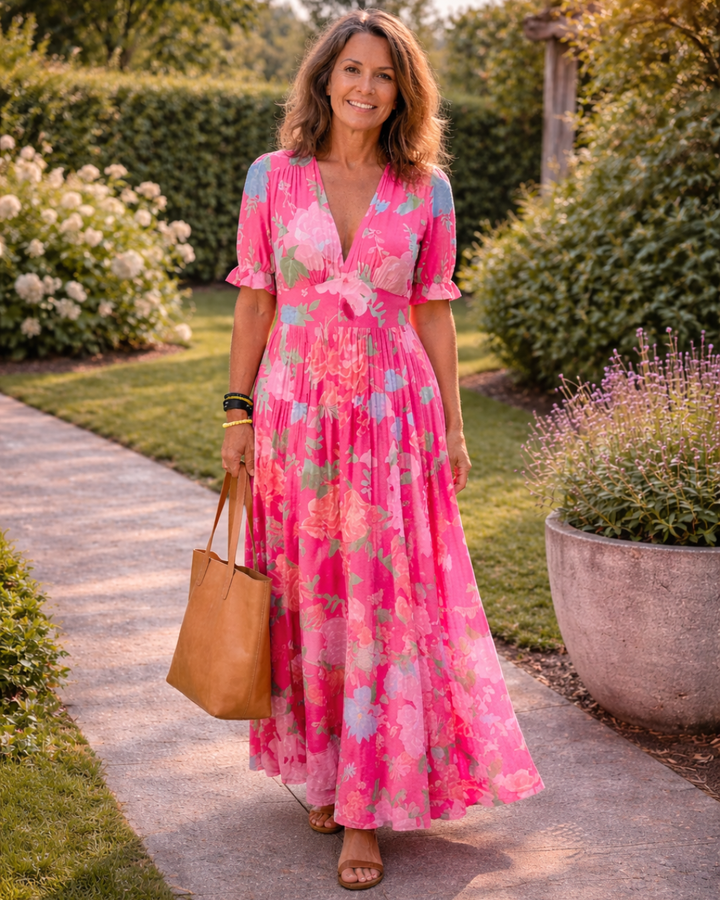 Ione | Abito Midi Floreale a Maniche Corte con Scollo a V