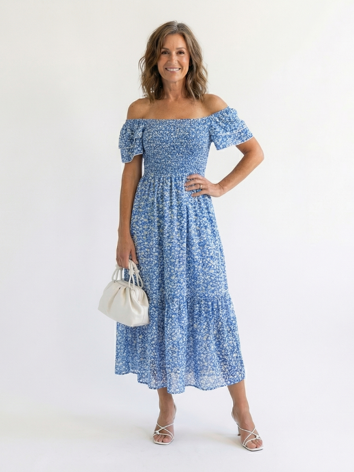 Odette | Abito Midi Floreale Smock con Spalle Scoperte