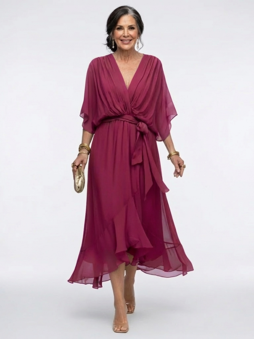 Elysia | Abito Midi con Scollo a V e Vita Drappeggiata