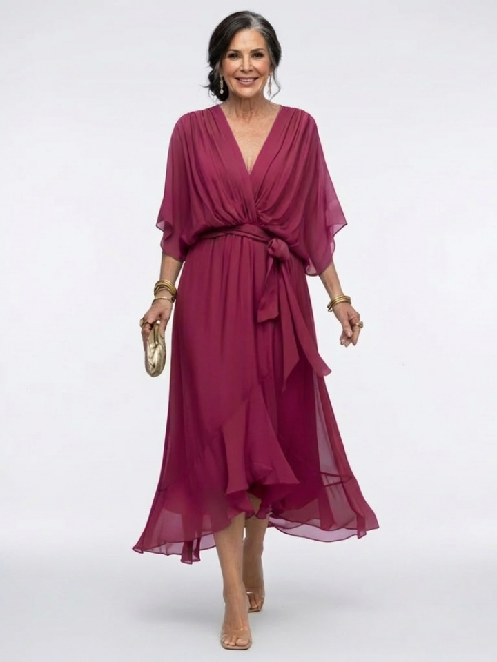 Elysia | Abito Midi con Scollo a V e Vita Drappeggiata
