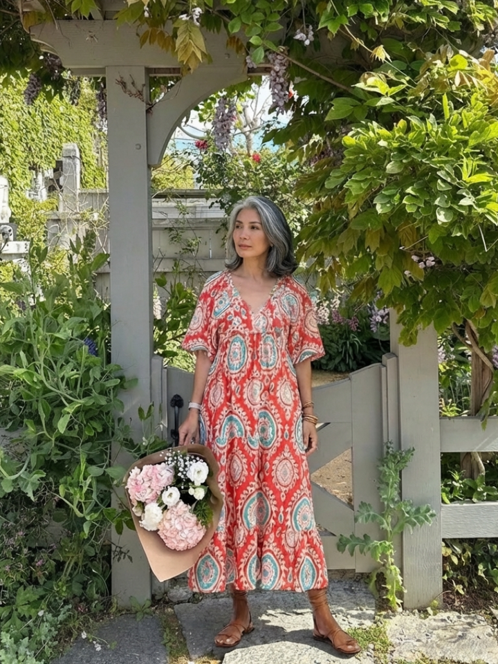 Zaria | Abito Midi con Stampa Paisley, Scollo a V e Maniche Corte