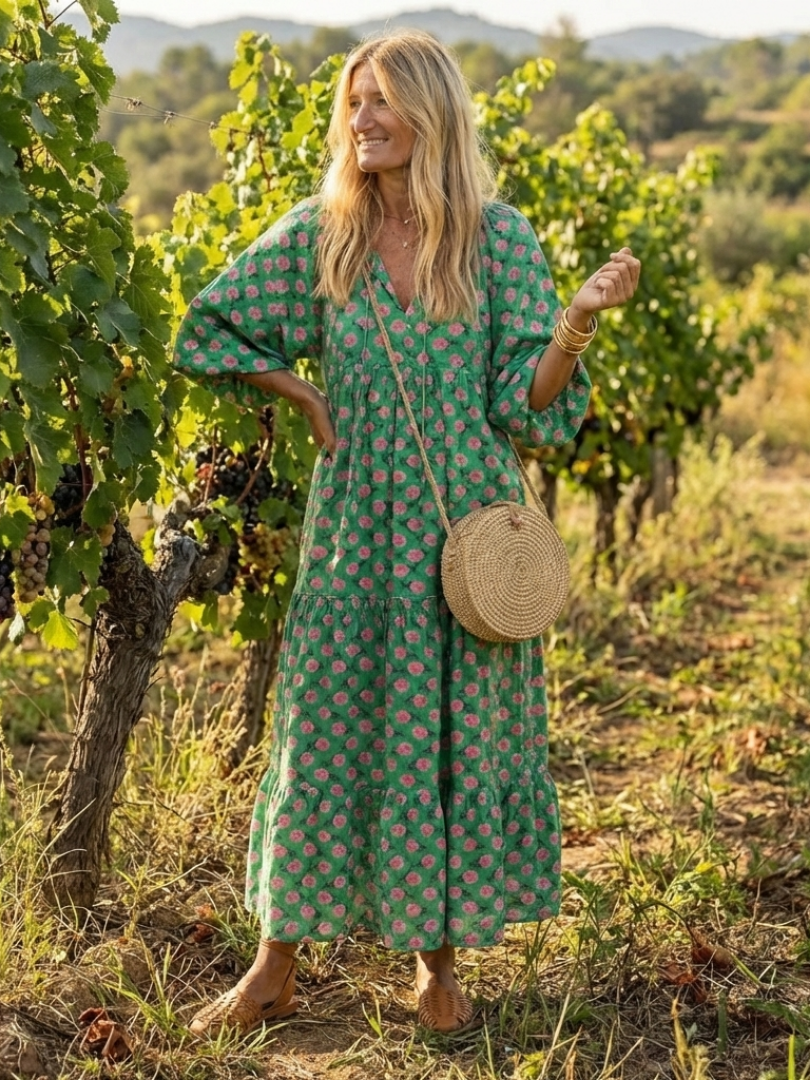 Fiora | Abito Midi a Balze con Stampa Floreale e Scollo a V