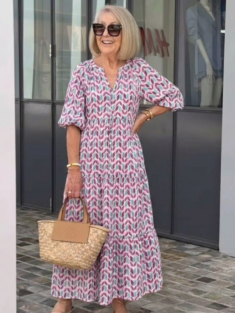 Mireya | Abito Midi a Balze con Stampa Geometrica e Maniche Lunghe