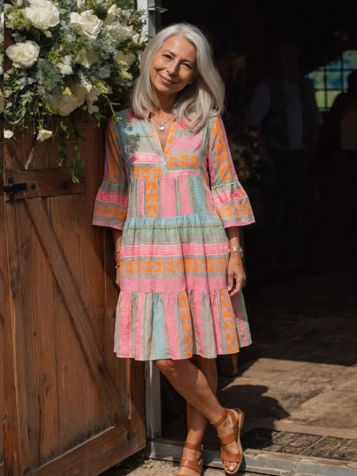 Maelle | Abito a Balze con Stampa Geometrica, Scollo a V e Lunghezza al Ginocchio