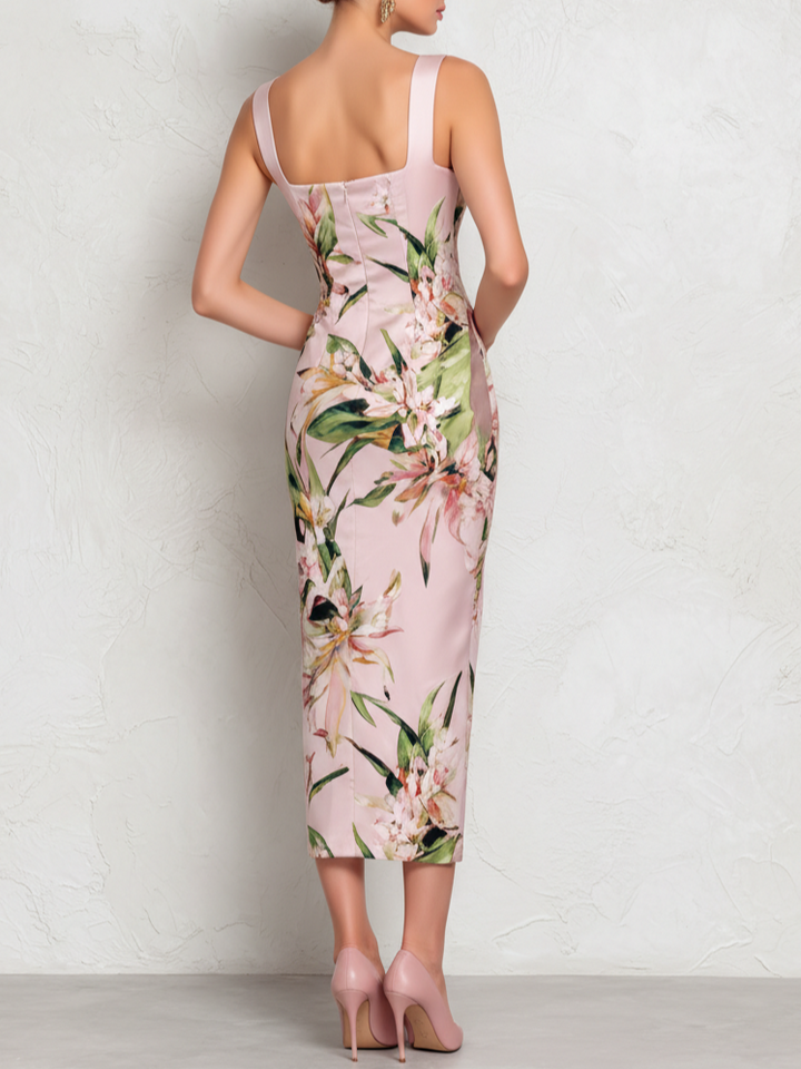 Amber - Abito Midi in Raso Floreale Rosa con Scollo Quadrato