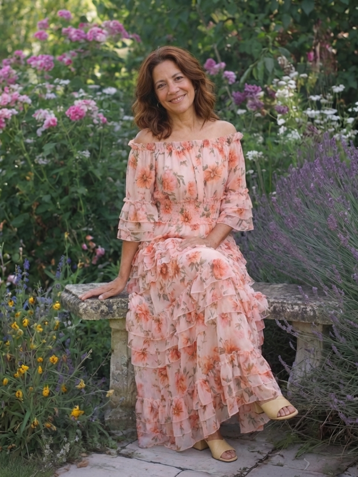 Rosalie | Abito Lungo Floreale a Balze con Spalle Scoperte