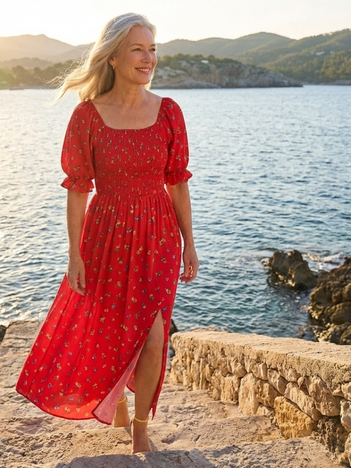 Delphine | Abito Midi con Scollo Quadrato e Stampa Floreale
