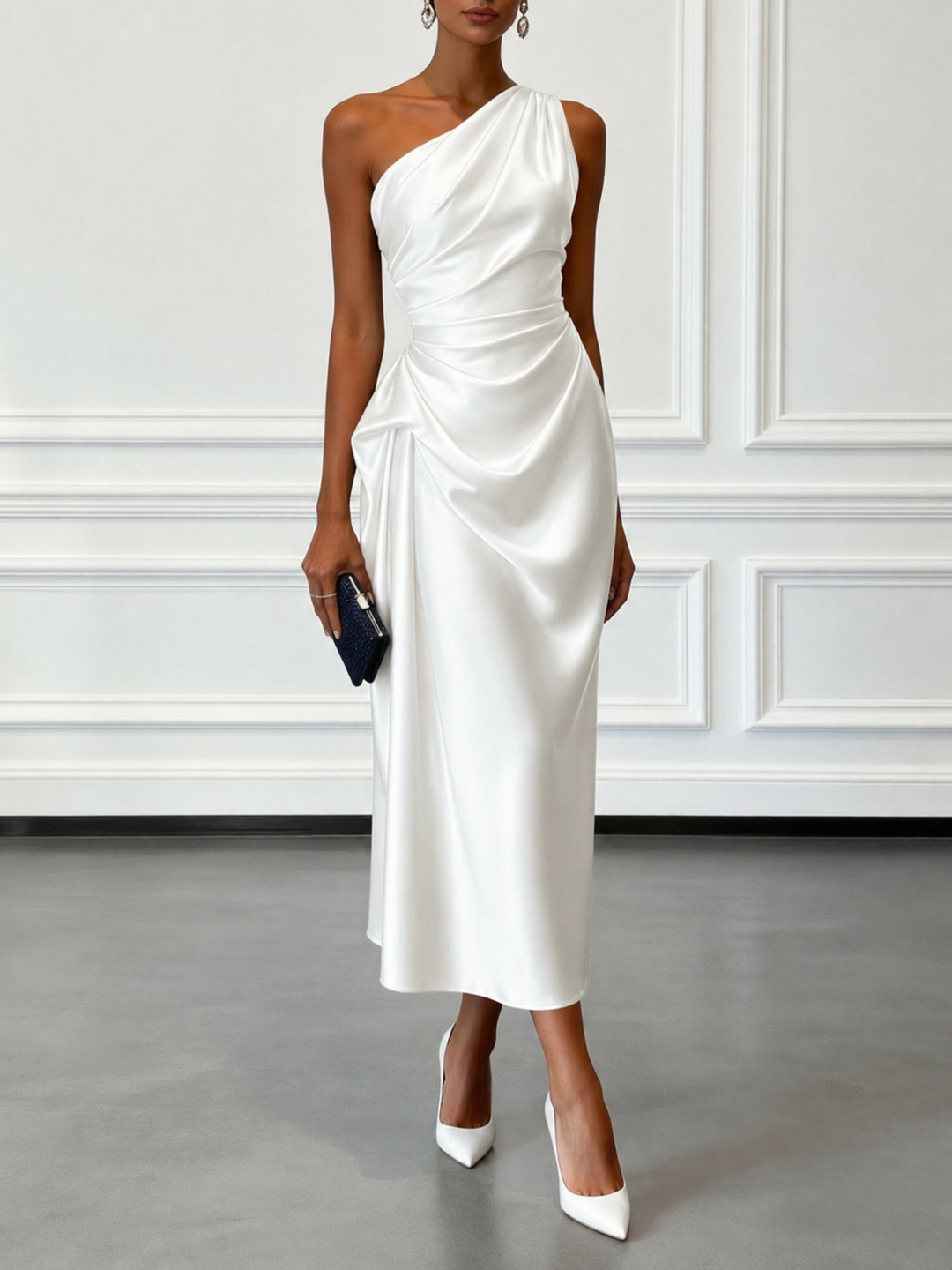 Caille - Abito Midi in Raso Champagne Monospalla a Balze