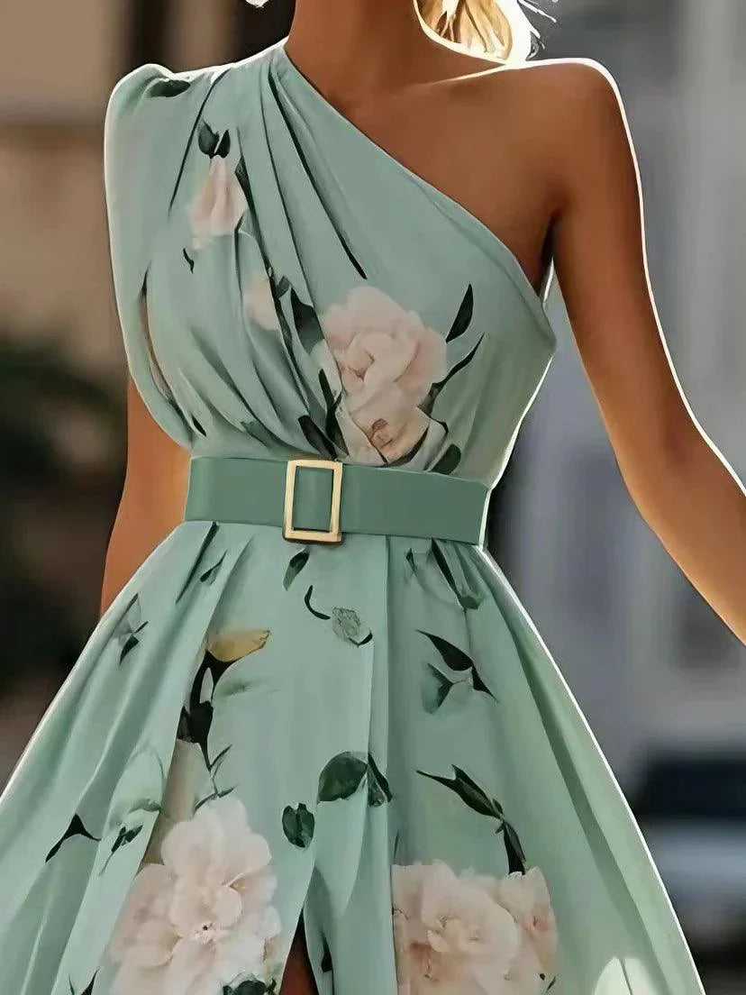 Sella - Abito Lungo in Chiffon Monospalla Arricciato a Linea A