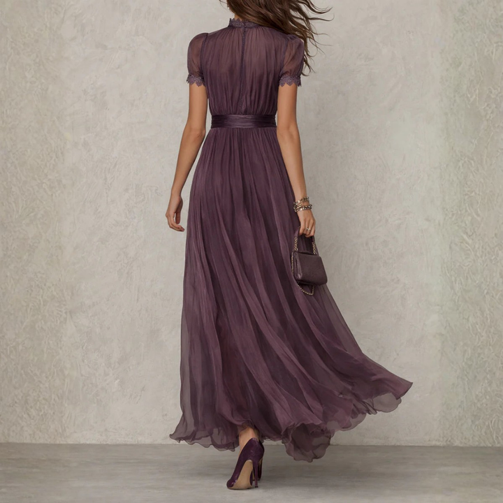 Celeste | Abito Lungo in Chiffon con Bordo in Pizzo