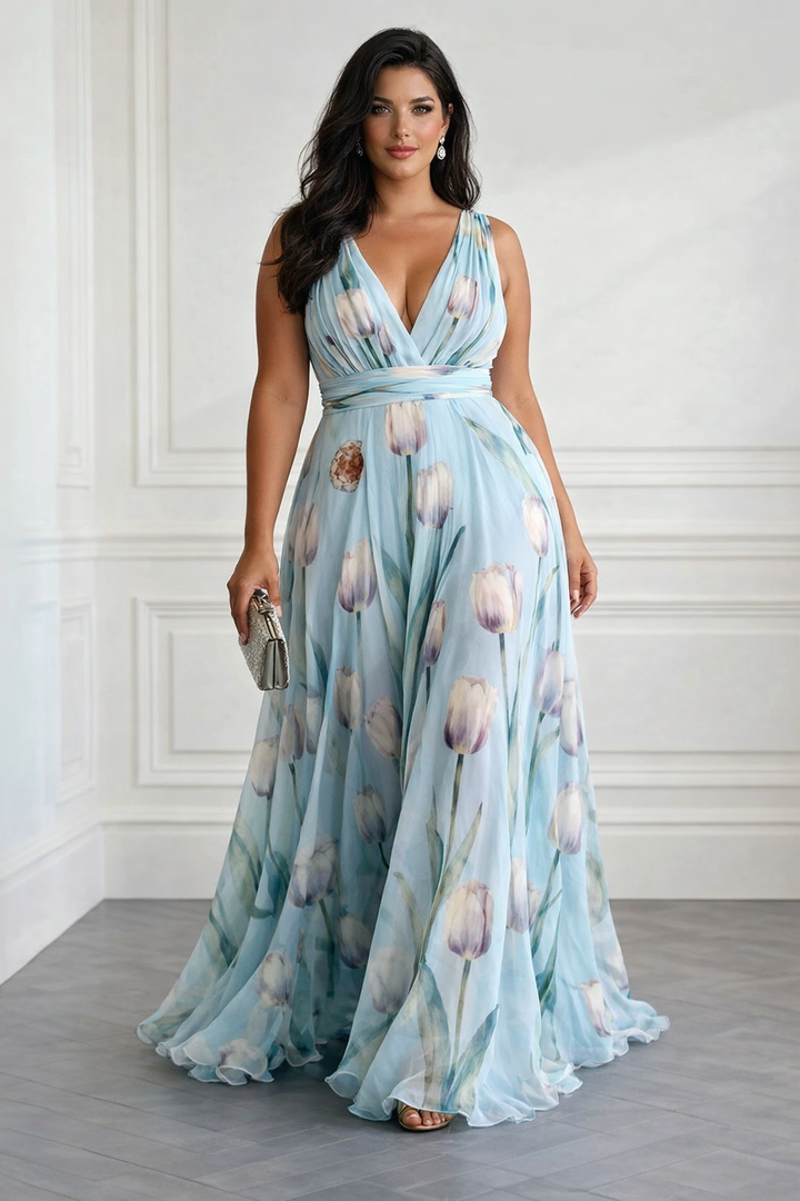 Nerea - Abito Lungo Elegante a Stampa Tulipano con Scollo a V