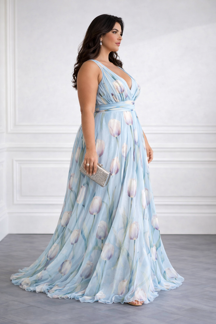 Nerea - Abito Lungo Elegante a Stampa Tulipano con Scollo a V