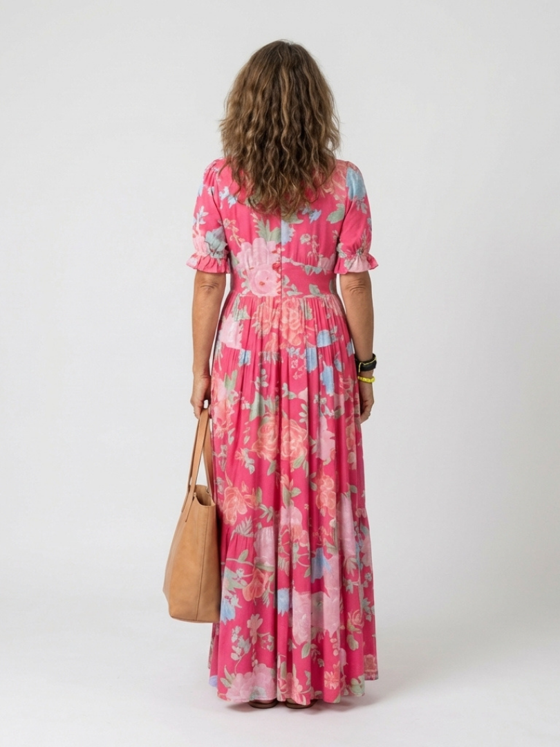 Ione | Abito Midi Floreale a Maniche Corte con Scollo a V