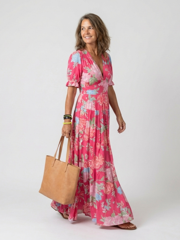 Ione | Abito Midi Floreale a Maniche Corte con Scollo a V