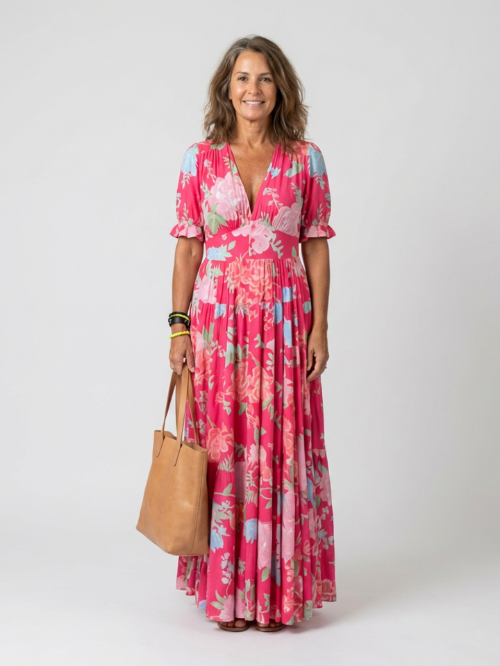 Ione | Abito Midi Floreale a Maniche Corte con Scollo a V