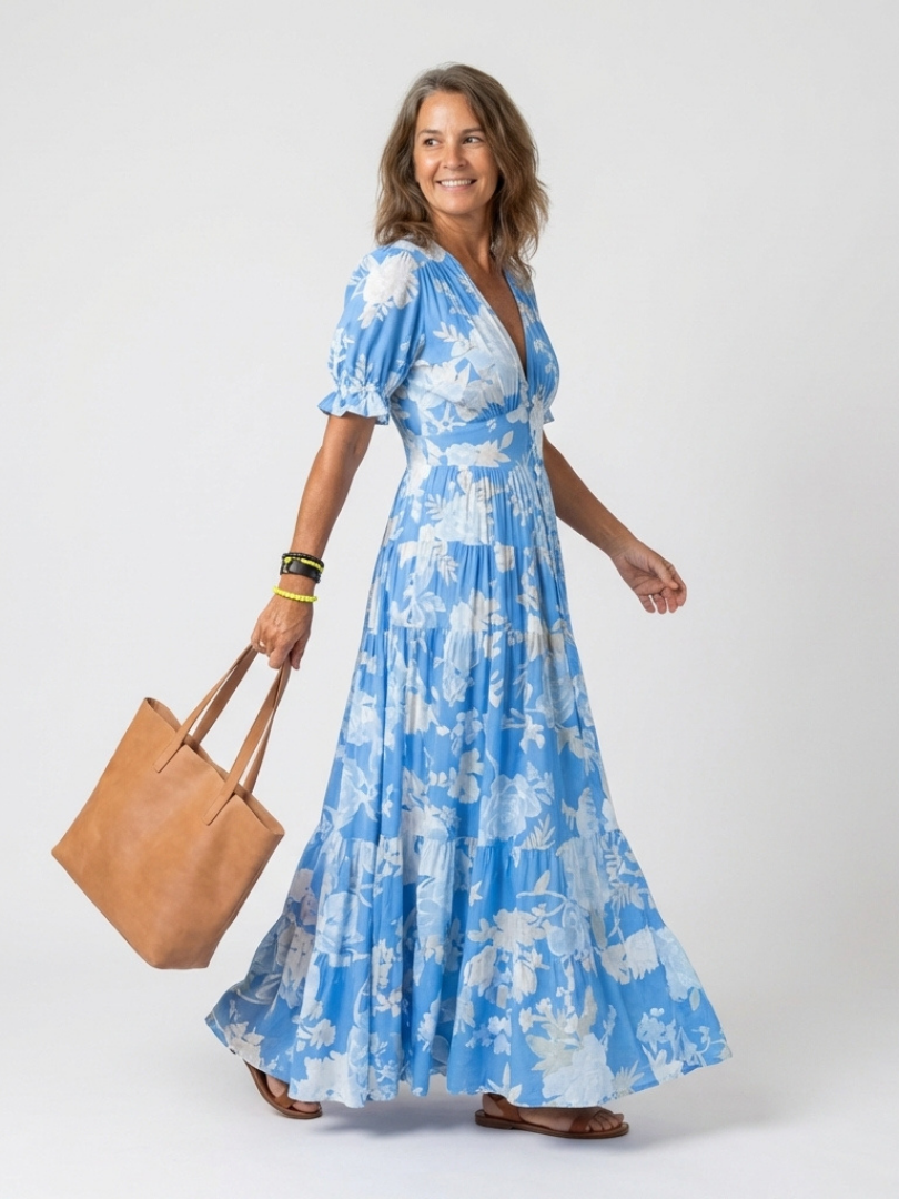 Ione | Abito Midi Floreale a Maniche Corte con Scollo a V