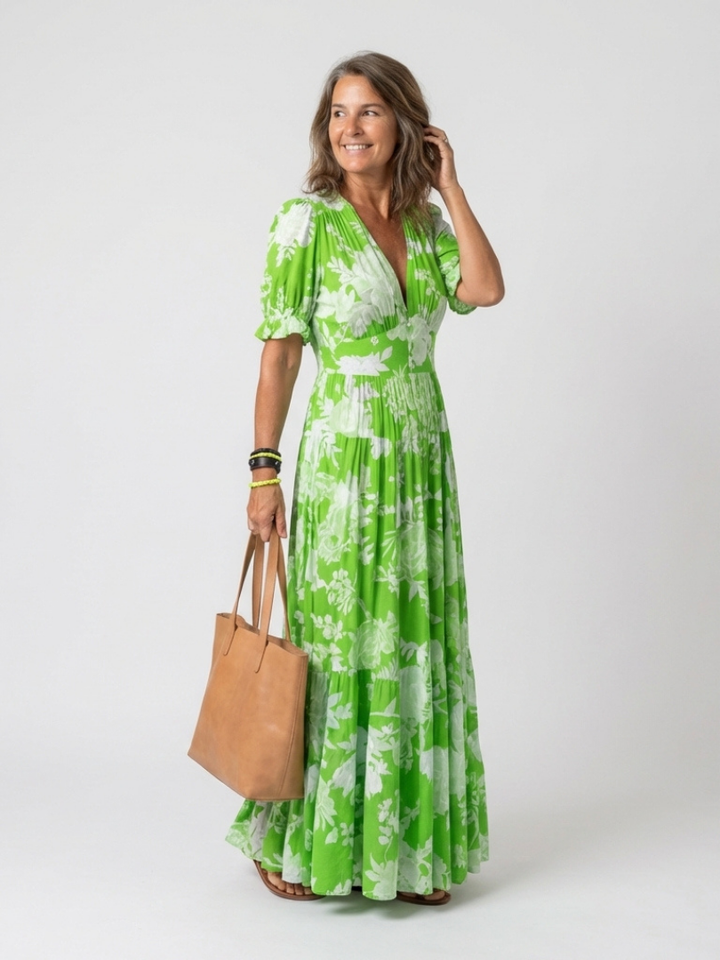 Ione | Abito Midi Floreale a Maniche Corte con Scollo a V