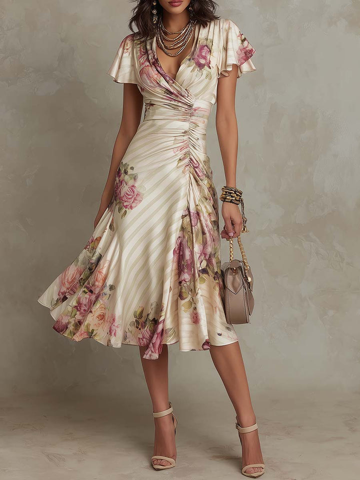 Alba | Abito Midi in Raso Floreale Retrò Elegante