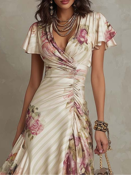 Alba | Abito Midi in Raso Floreale Retrò Elegante