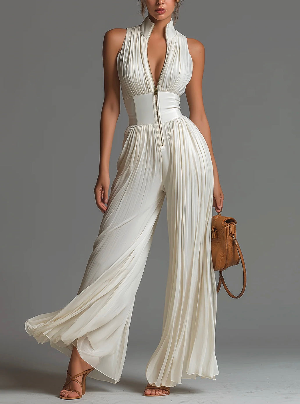 Abigail - Tuta in Chiffon a Gamba Larga con Zip, Scollo a V e Plissé
