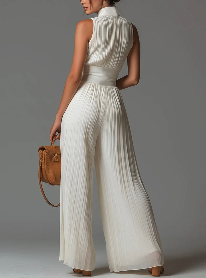 Abigail - Tuta in Chiffon a Gamba Larga con Zip, Scollo a V e Plissé
