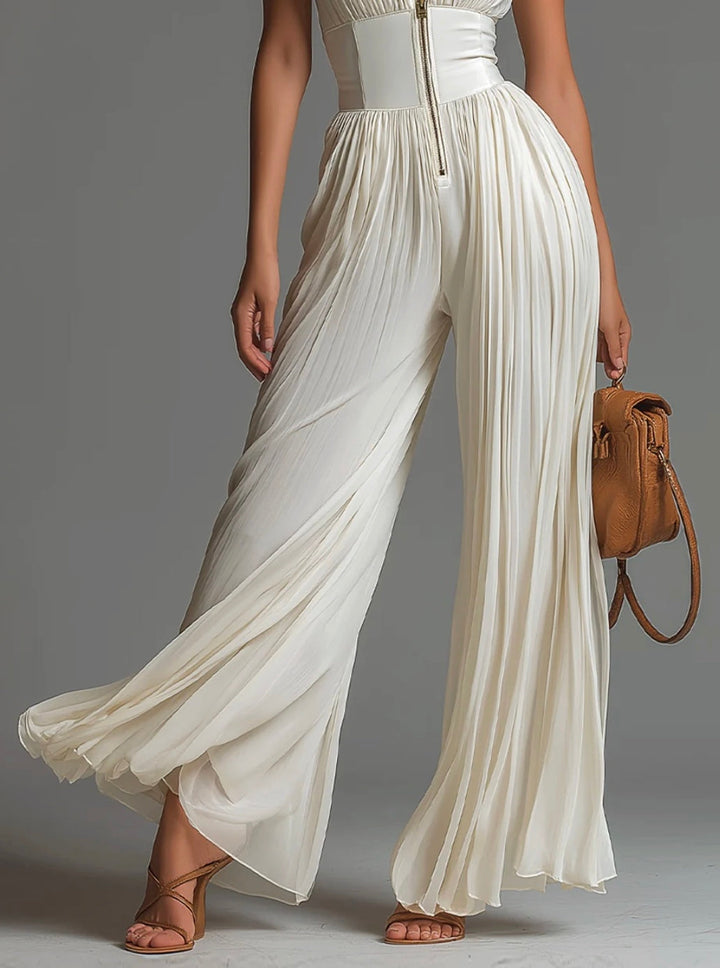 Abigail - Tuta in Chiffon a Gamba Larga con Zip, Scollo a V e Plissé