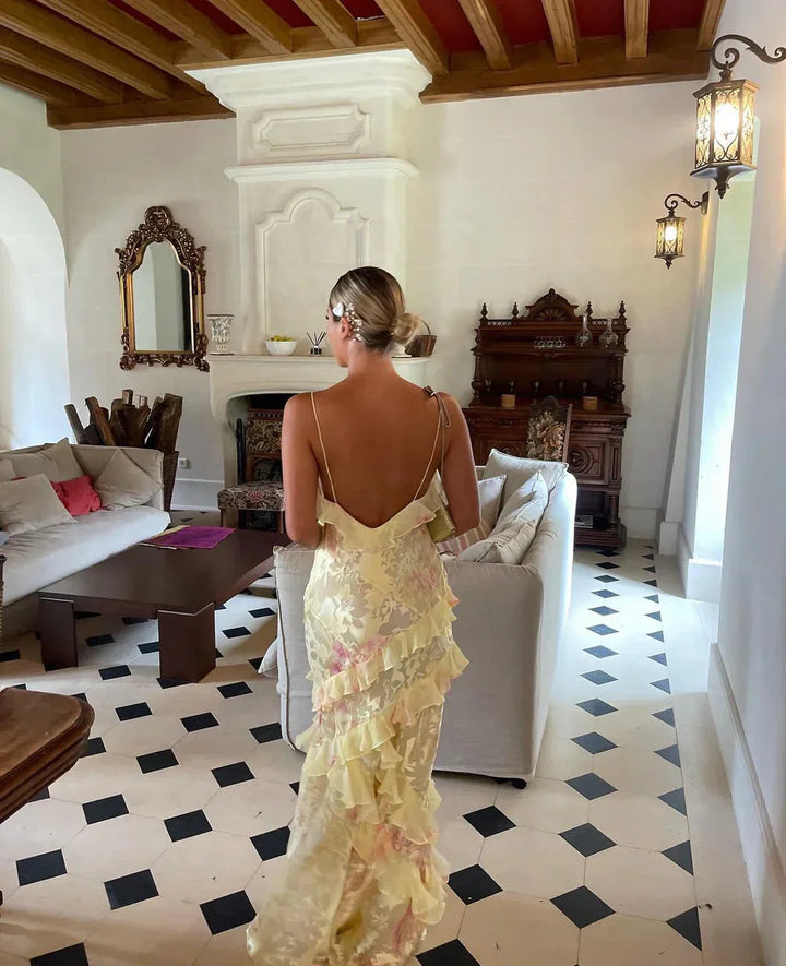Olivia | Abito Lungo Floreale a Balze con Schiena Scoperta