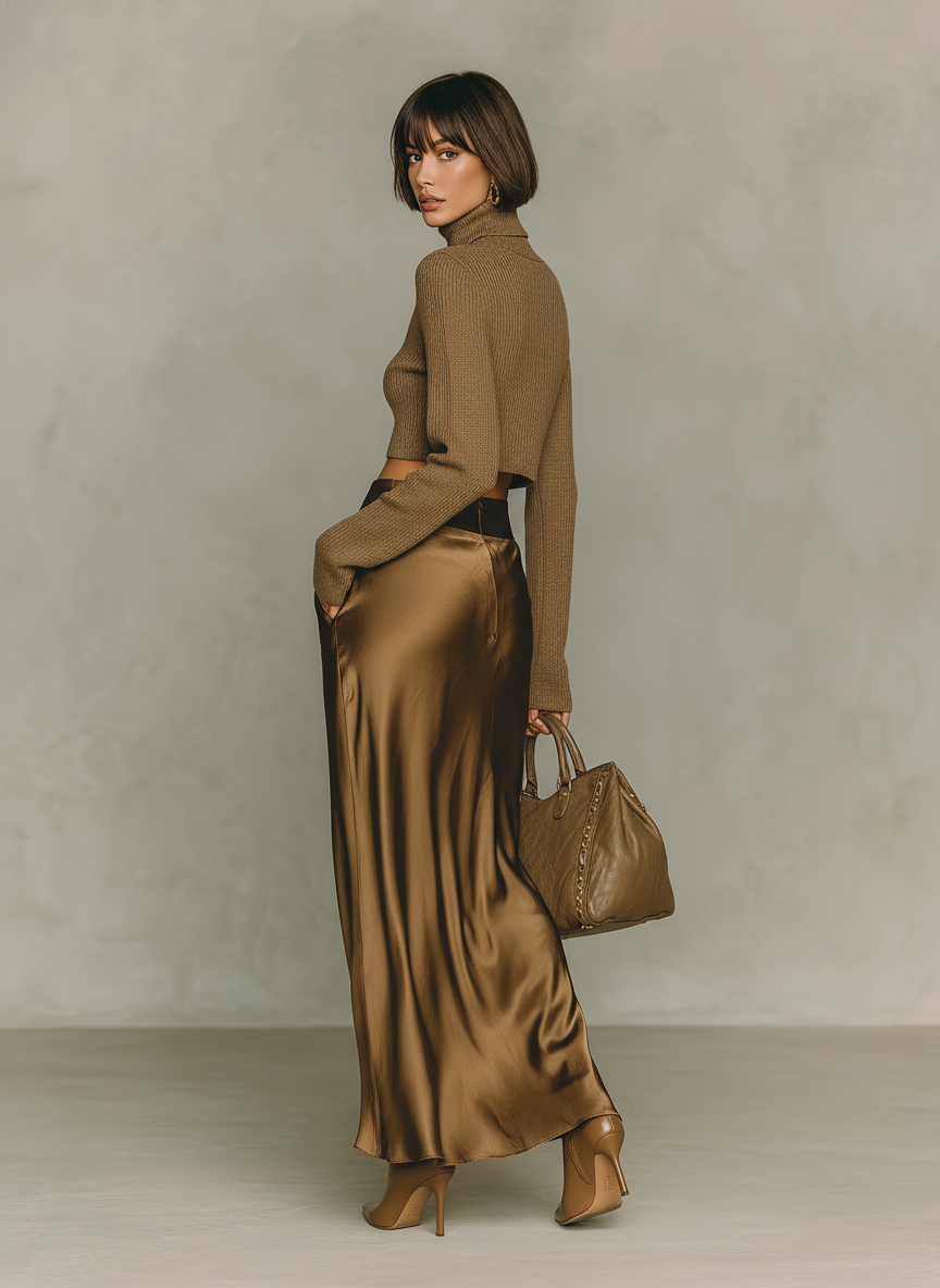 Florence - Top a Collo Alto in Maglia Marrone Dorato