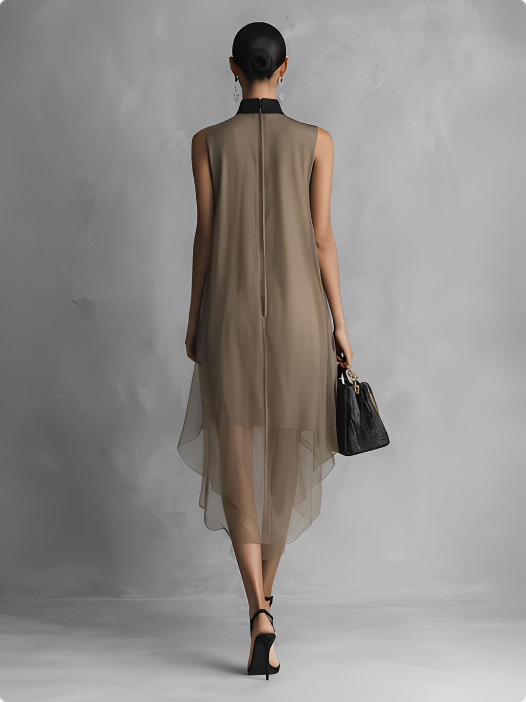 Beatrice - Abito Senza Maniche in Chiffon Bicolore Kaki e Marrone, Leggero e Lussuoso