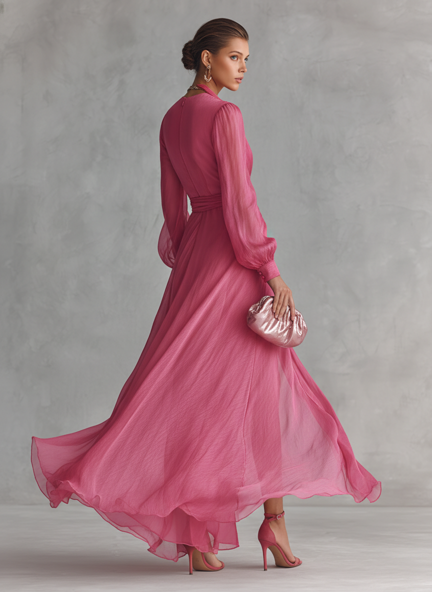 Abito Rosa in Chiffon con Scollo a V