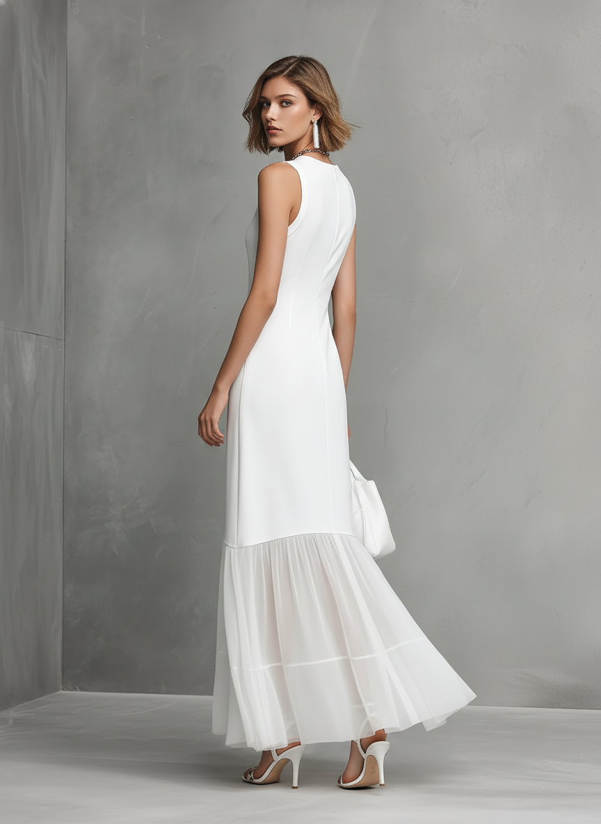 Abito Bianco Elegante Senza Maniche da Donna con Pannelli in Seta Latte e Chiffon
