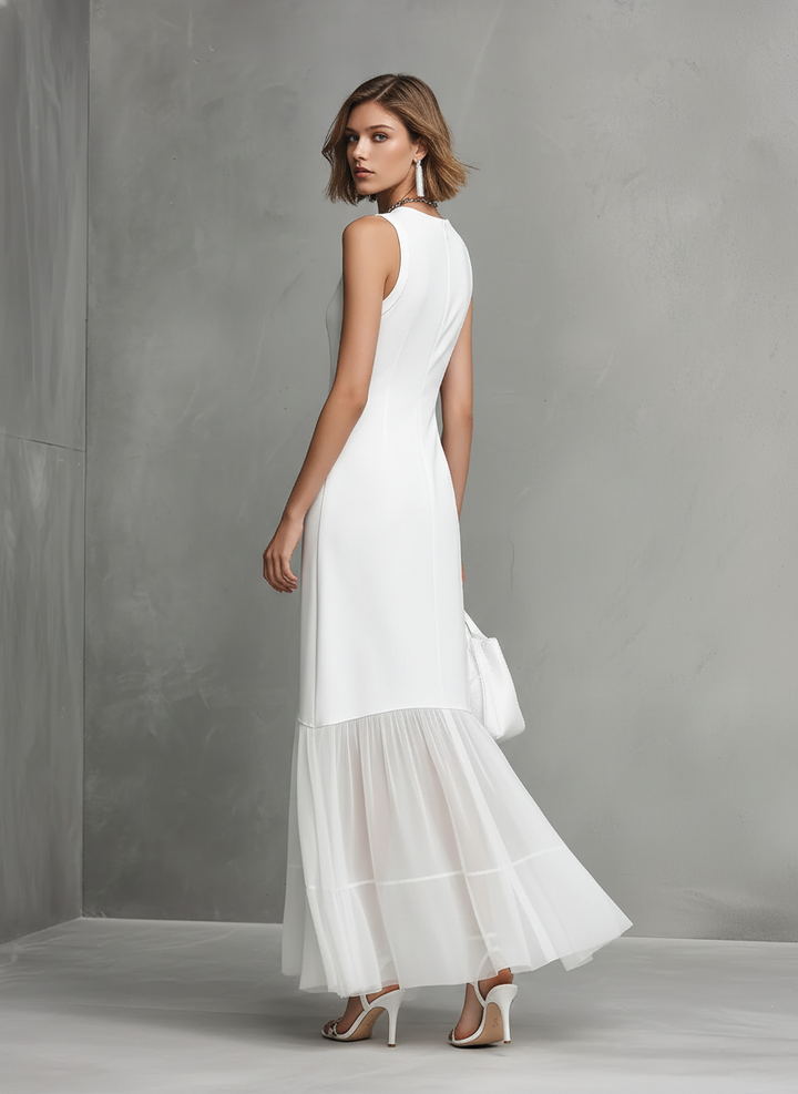 Abito Bianco Elegante Senza Maniche da Donna con Pannelli in Seta Latte e Chiffon