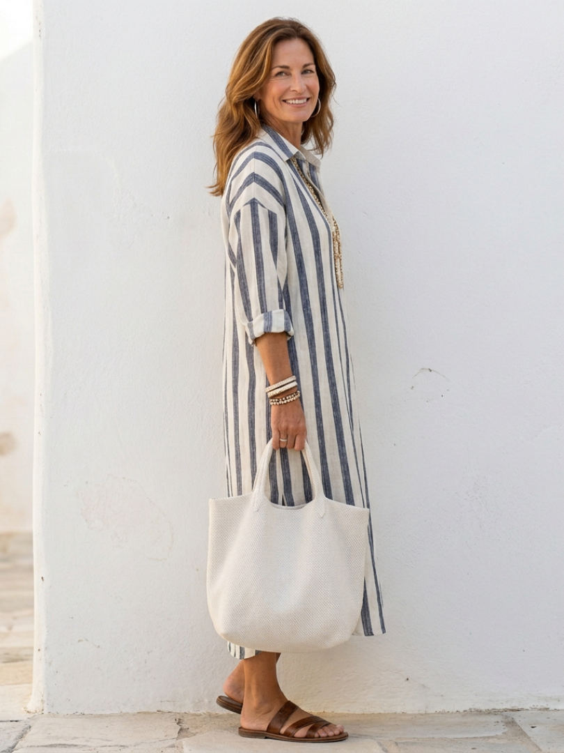 Naomi | Abito Camicia Midi a Righe con Maniche Lunghe