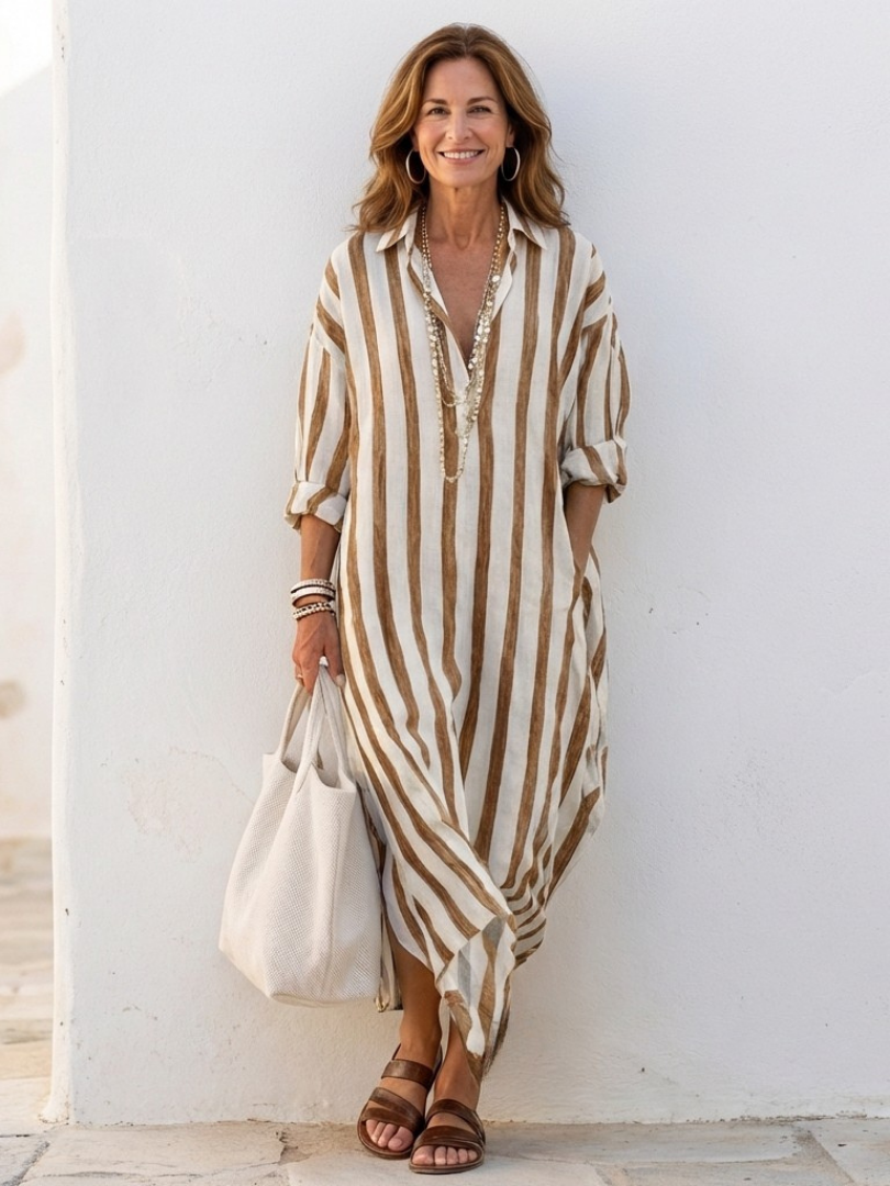 Naomi | Abito Camicia Midi a Righe con Maniche Lunghe