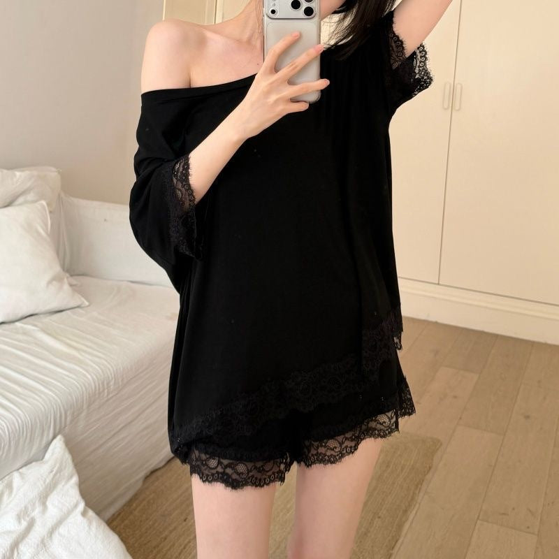 Alice - Completo Top e Shorts in Raso Cioccolato con Scollo a Barca
