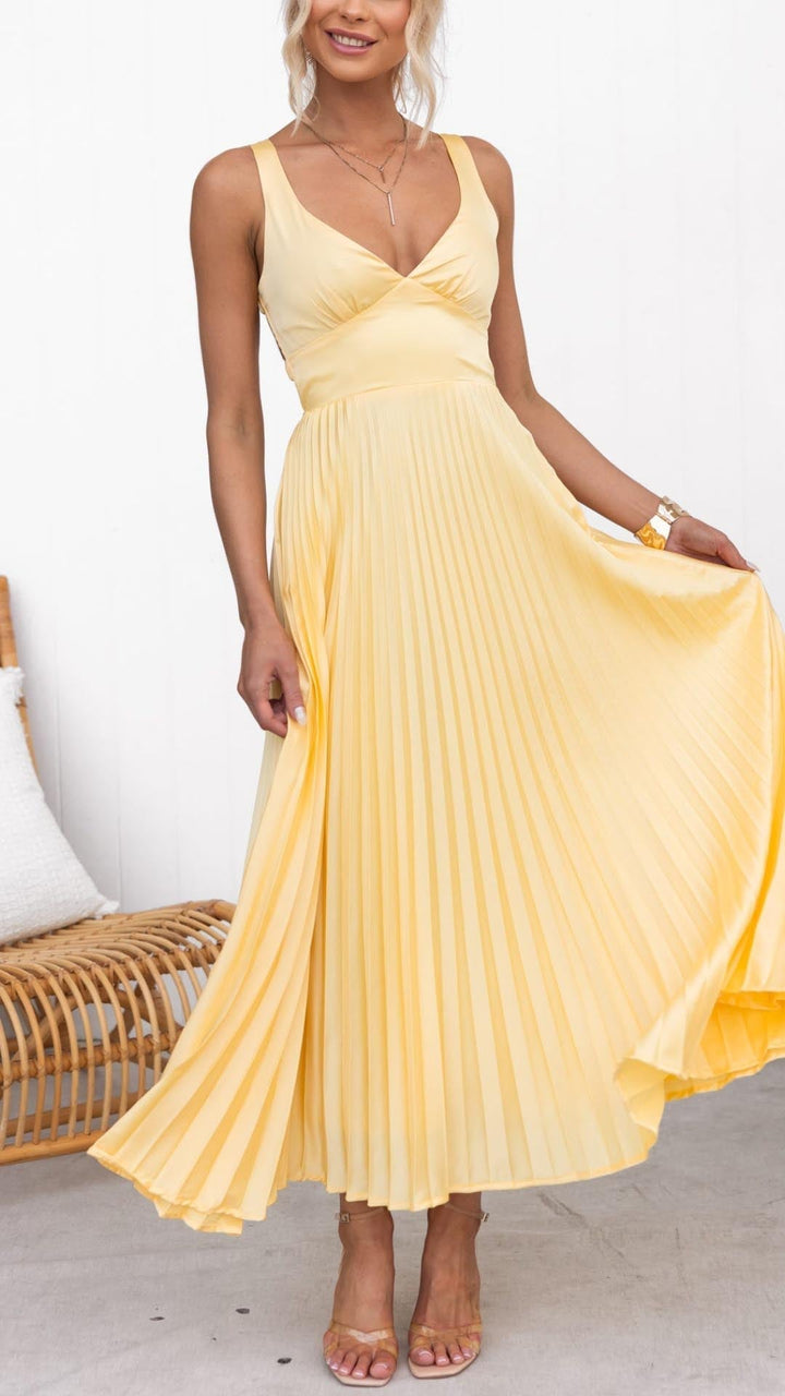 Aby - Abito Lungo Giallo Plissettato con Scollo a V